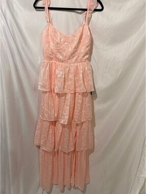 NWT Lulus Pink Floral Metallic Jacquard Tiered Maxi Dress Corset Bustier Small
